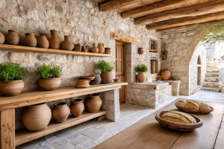 Rustic kitchen interior showcasing traditional pottery, fresh bread, and wooden furniture in a stone house, creating a warm and inviting atmosphereの素材