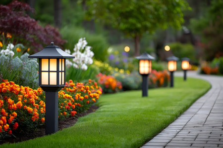 Solar garden lights add a touch of elegance to a lush garden with a brick pathwayの素材