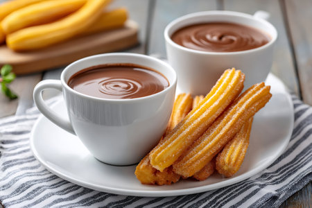 Delicious churros with hot chocolate, a traditional Spanish breakfast, perfect for a cozy morningの素材