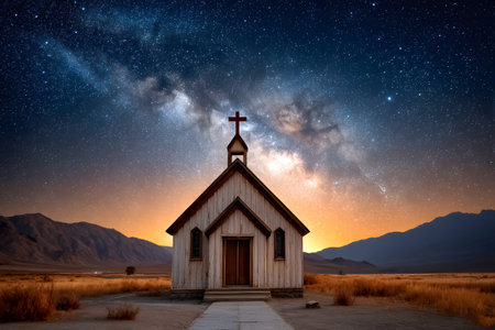 Old wooden church stands majestically under a breathtaking view of the milky way in the alabama hills, california, during a stunning sunsetの素材