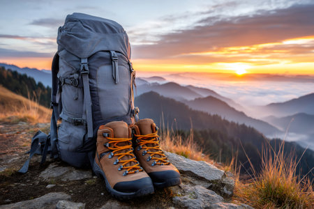Hiking backpack and boots on the top of a mountain at sunrise, inspiring wanderlust and adventureの素材