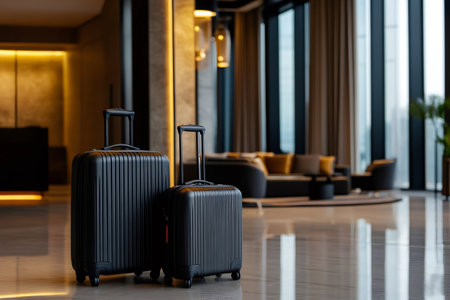 Two black suitcases are standing in a modern hotel lobby, ready for a business trip or vacationの素材