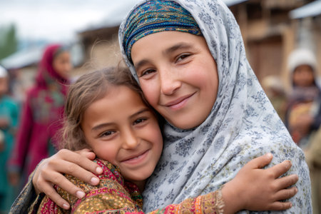 Two Afghan sisters are hugging each other, expressing love and bonding in their villageの素材
