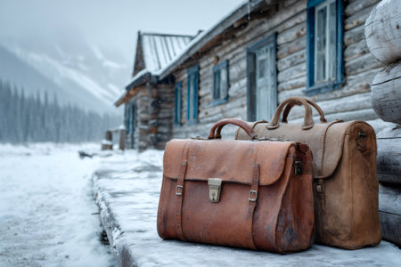 Two weathered leather suitcases sit on a snowy porch outside a rustic log cabin in a winter mountain settingの素材