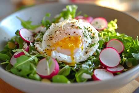 Healthy breakfast or brunch featuring a poached egg with runny yolk, fresh arugula, sliced radishes, parmesan cheese, and a light vinaigretteの素材