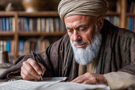 Focused Muslim scholar wearing traditional clothing writing on a document in a library settingの素材