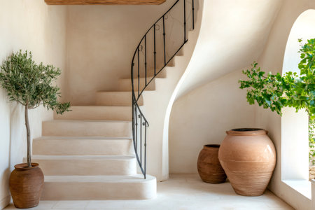 Spiral staircase with a wrought iron railing winds upwards in a Mediterranean style home, complemented by potted plants and terracotta vasesの素材