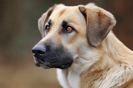 Stunning mixed breed dog with captivating gaze and expressive eyes, enjoying a peaceful moment outdoorsの素材