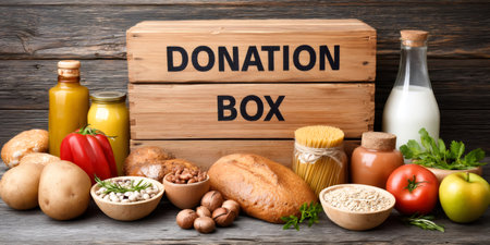 Different kinds of food like bread, milk, vegetables, fruit, pasta, beans, nuts and juice are standing in front of wooden donation boxの素材