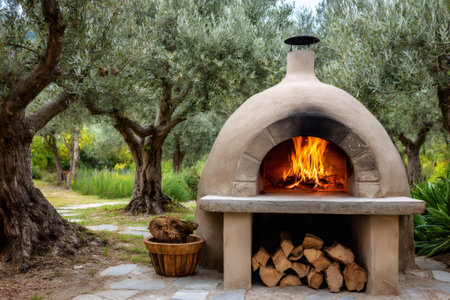 Burning firewood in a traditional outdoor clay pizza oven surrounded by olive trees creates a warm and inviting atmosphereの素材