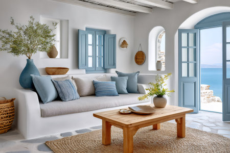 Natural light floods a cozy living room with blue accents and ocean views in a whitewashed Greek island homeの素材