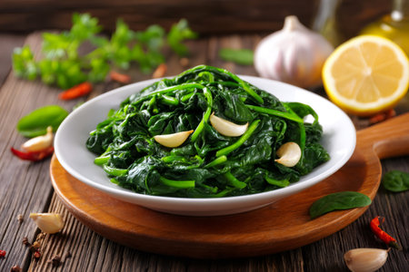 Delicious cooked spinach with garlic and spices on white plate on wooden table, healthy vegetarian foodの素材