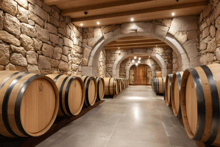 Wine cellar with oak barrels aging in rows, creating an atmosphere of tradition and craftsmanshipの素材