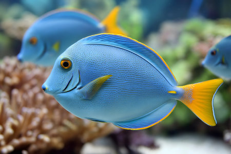 Powder blue tang fish swimming underwater in a reef aquariumの素材