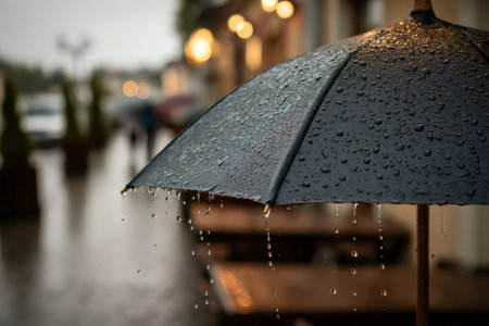 Raindrops falling from a black umbrella on a rainy day in the cityの素材
