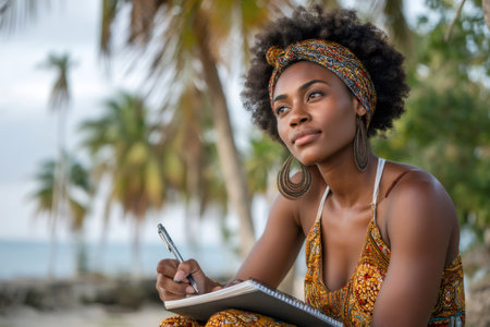 Young black woman writing in a notebook, enjoying the peaceful atmosphere of a tropical beachの素材