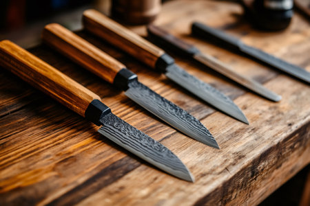 Gleaming damascus steel knives with wooden handles are displayed on a rustic wooden table, showcasing craftsmanship and culinary potentialの素材