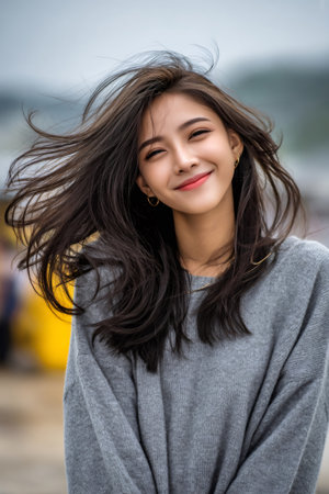 Portrait of a beautiful young woman smiling with her hair blowing in the windの素材