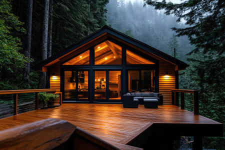 Warm lights illuminate a modern, luxurious cabin nestled in a misty forest, creating a tranquil and inviting atmosphereの素材