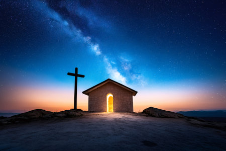 Light coming out of small church near cross under starry night sky with milky wayの素材