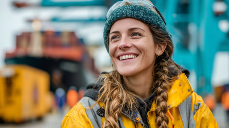 Portrait of a smiling female docker wearing safety goggles and a beanie, standing in a busy port with cargo containers and cranes in the backgroundの素材