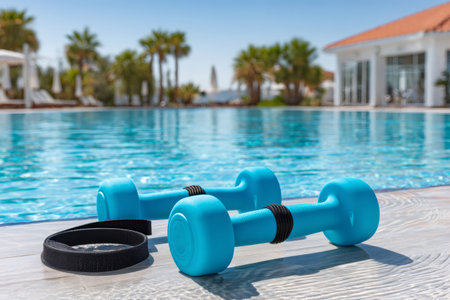 Light blue dumbbells and a black resistance band lie on the poolside, ready for an invigorating aqua aerobics sessionの素材