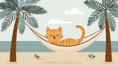 Ginger cat sleeping in a hammock between two palm trees on a tropical beachの素材