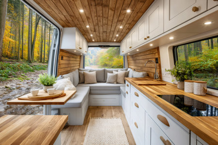 Cozy camper van interior featuring a kitchenette, sofa, and picturesque autumn forest view, embodying the van life and travel spiritの素材