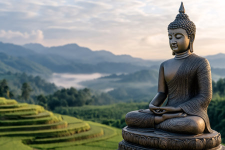 Buddha statue meditating with a beautiful mountain landscape with rice terraces in the backgroundの素材