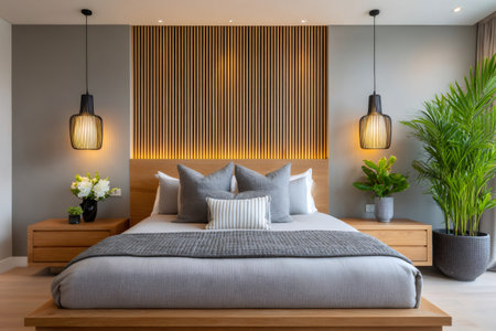 Stylish and cozy bedroom with a wooden slat wall, creating a relaxing atmosphereの素材