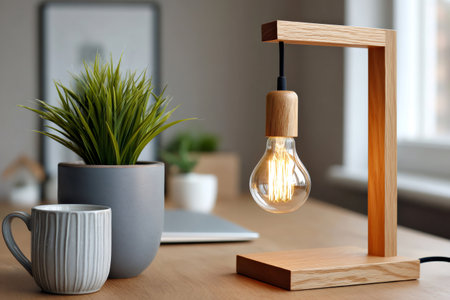 Stylish wooden desk lamp providing warm light in a modern workspace, enhancing productivity and ambiance with a decorative plantの素材
