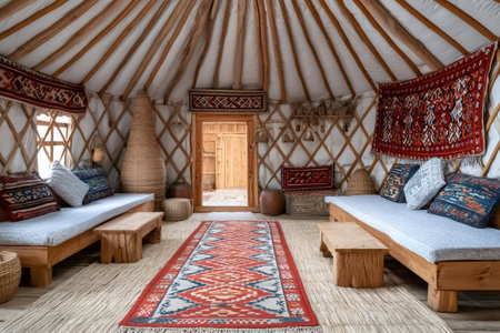 Cozy interior of a yurt showcasing traditional Kyrgyz design, featuring vibrant rugs, wooden furniture, and intricate detailsの素材