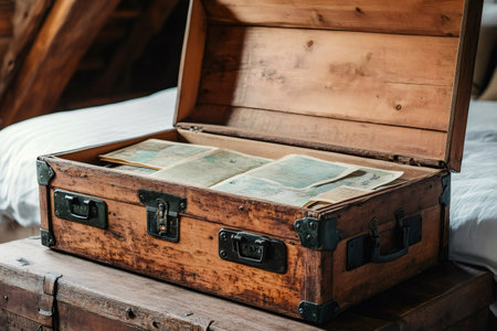 Open wooden suitcase revealing vintage maps, evoking a sense of travel and discovery in an attic bedroomの素材