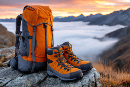 Orange hiking boots and backpack sit on a rock overlooking a scenic mountain valley at sunset, ready for adventureの素材
