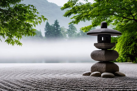 Serene landscape featuring a traditional stone lantern in a meticulously raked zen garden enveloped by morning mistの素材
