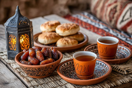Traditional Arabic tea, dates, bread, and lanterns create a warm atmosphere for Ramadan iftarの素材