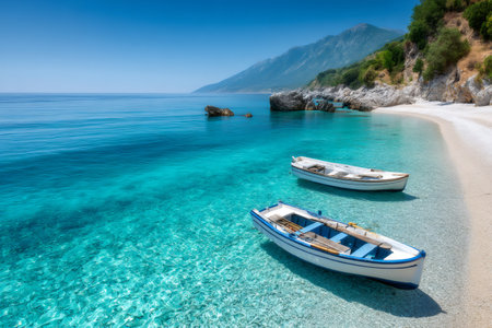 Two white and blue boats floating on perfectly clean turquoise water near a white pebble beach and green mountains on a sunny summer dayの素材