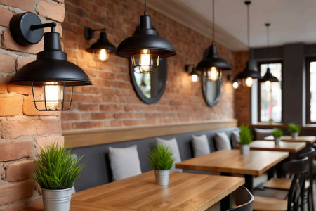 Empty trendy restaurant with wooden tables, cozy sofa and decorative plants creating a welcoming atmosphereの素材