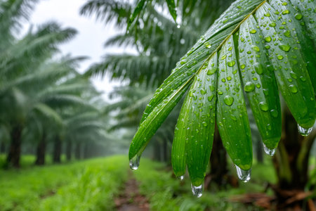 Lush green palm leaves with dripping water droplets in a rainy palm oil plantationの素材