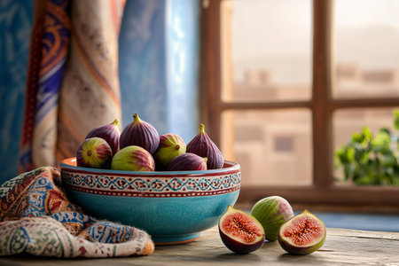 Ripe figs arranged in a colorful ceramic bowl, placed on a rustic wooden table near a window, creating a warm and inviting sceneの素材
