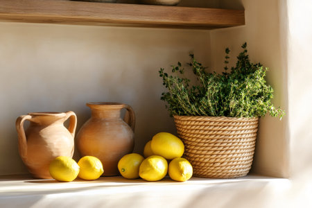 Lemons, fresh thyme in a wicker basket, and terracotta vases rest on a sunlit kitchen shelf, embodying rustic charmの素材