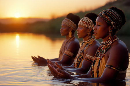 Three Himba women standing in water, performing a ritual at sunsetの素材
