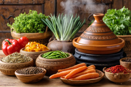 Aromatic steam rises from a traditional tajine, surrounded by vibrant vegetables and spices, ready to create a delicious Moroccan mealの素材
