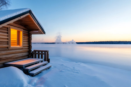 Cozy sauna cabin with warm light illuminating snowy landscape and frozen lake at sunset, creating a tranquil winter wonderlandの素材