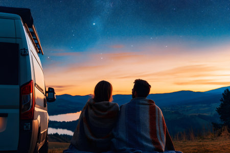 Couple wrapped in blankets enjoying beautiful sunset and starry night sky near their camper van parked on a hilltopの素材