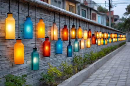 Many colorful glass bottle shaped lanterns hanging on a stone wall lighting a paved pathwayの素材
