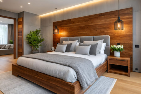 Elegant and spacious bedroom showcasing contemporary interior design with wooden furniture, soft textiles, and stylish lamps, creating a relaxing atmosphereの素材