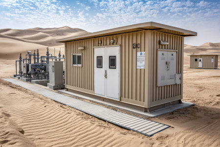 Industrial facility extracting and transporting oil resources in a remote desert environmentの素材