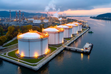 Industrial landscape featuring oil refinery plant and storage tanks at dusk by the riverの素材