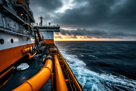 Cargo ship navigating through rough sea during a dramatic sunset, showcasing industrial pipes and maritime operationsの素材